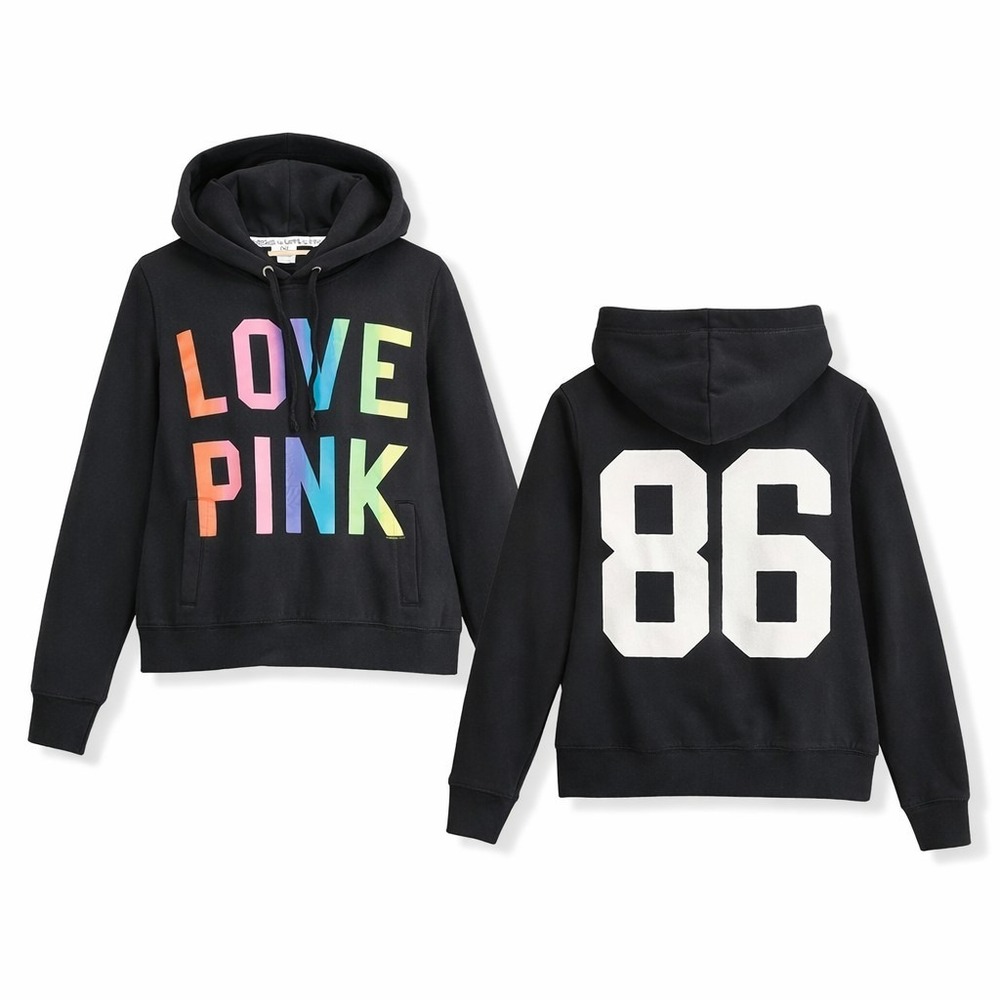 Victoria's Secret Love PINK‎ Hoodie Women's M Black Rainbow Logo 86 Graphic Y2K